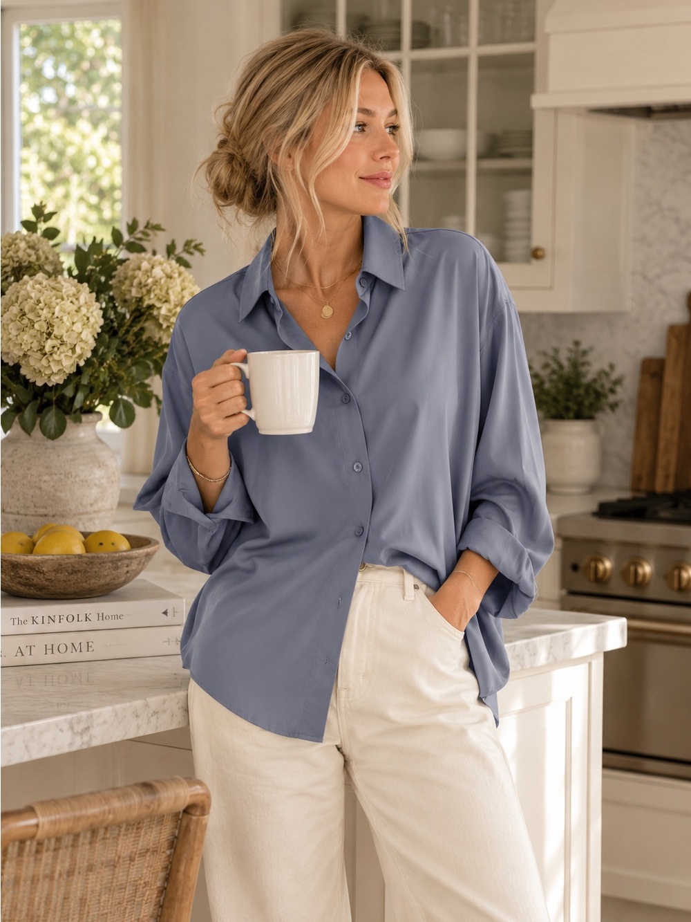 Dusty Blue Oversized Button Down Shirt Long Sleeve Relaxed Fit